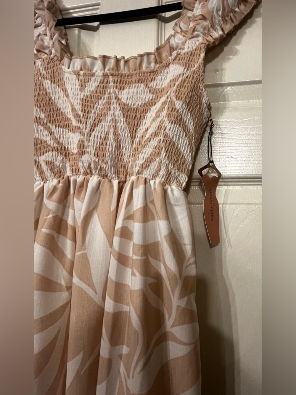 Blush and White Leaf Print Smocked Maxi Dress - Picture 5 of 6